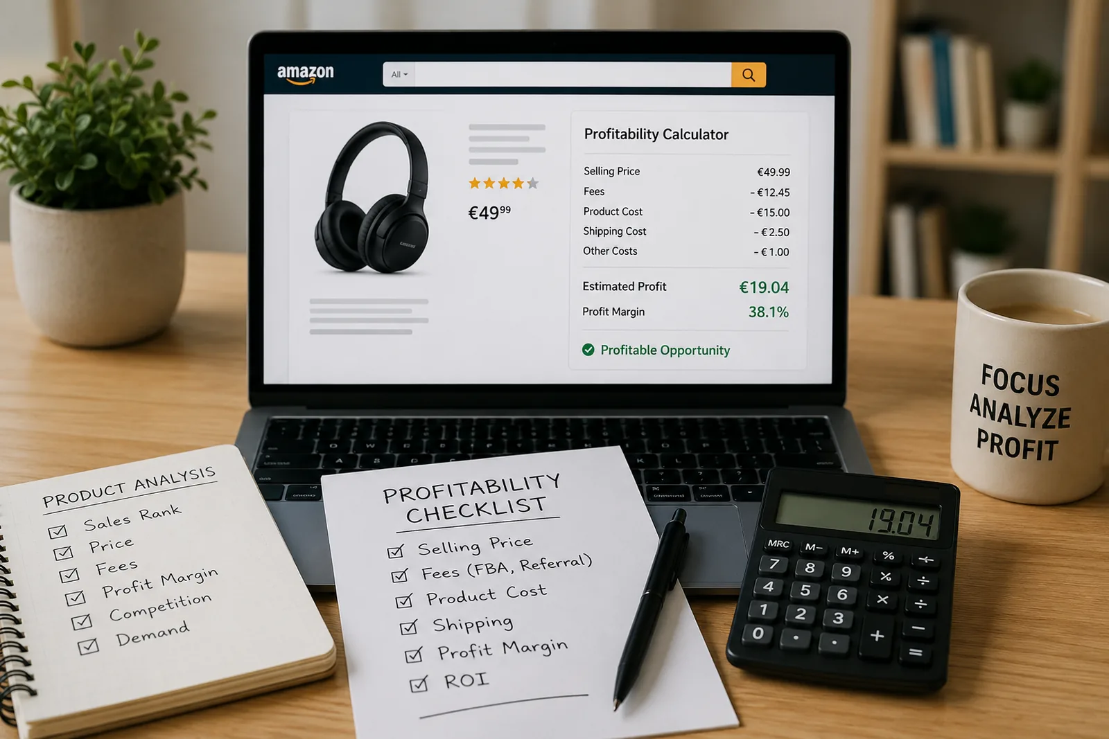 Amazon FBA product profitability analysis showing estimated profit, ROI, fees and costs used to evaluate a sourcing opportunity.